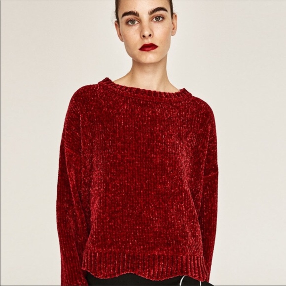 Zara Red Chenille Crewneck Sweater